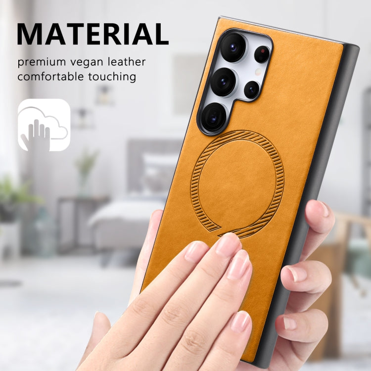 For Samsung Galaxy S24 5G Solid Color Retro Magsafe PU Back Cover Phone Case(Yellow)