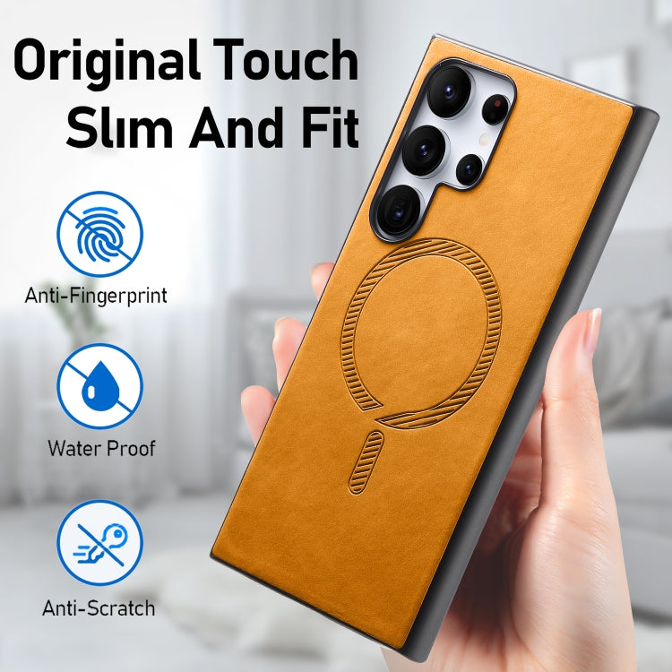 For Samsung Galaxy S24 5G Solid Color Retro Magsafe PU Back Cover Phone Case(Yellow)