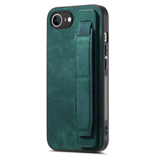For iPhone 16e Retro Wristband Holder Leather Back Phone Case(Green)