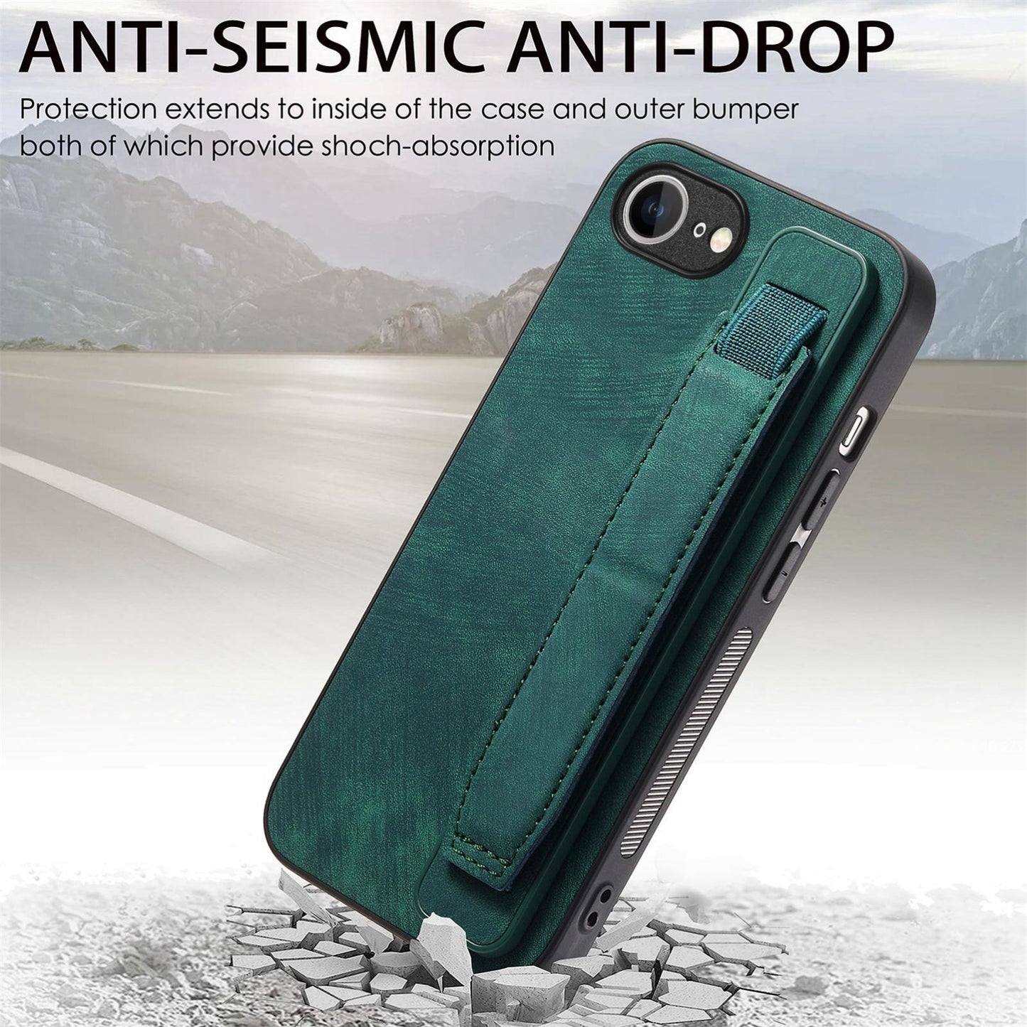 For iPhone 16e Retro Wristband Holder Leather Back Phone Case(Green)