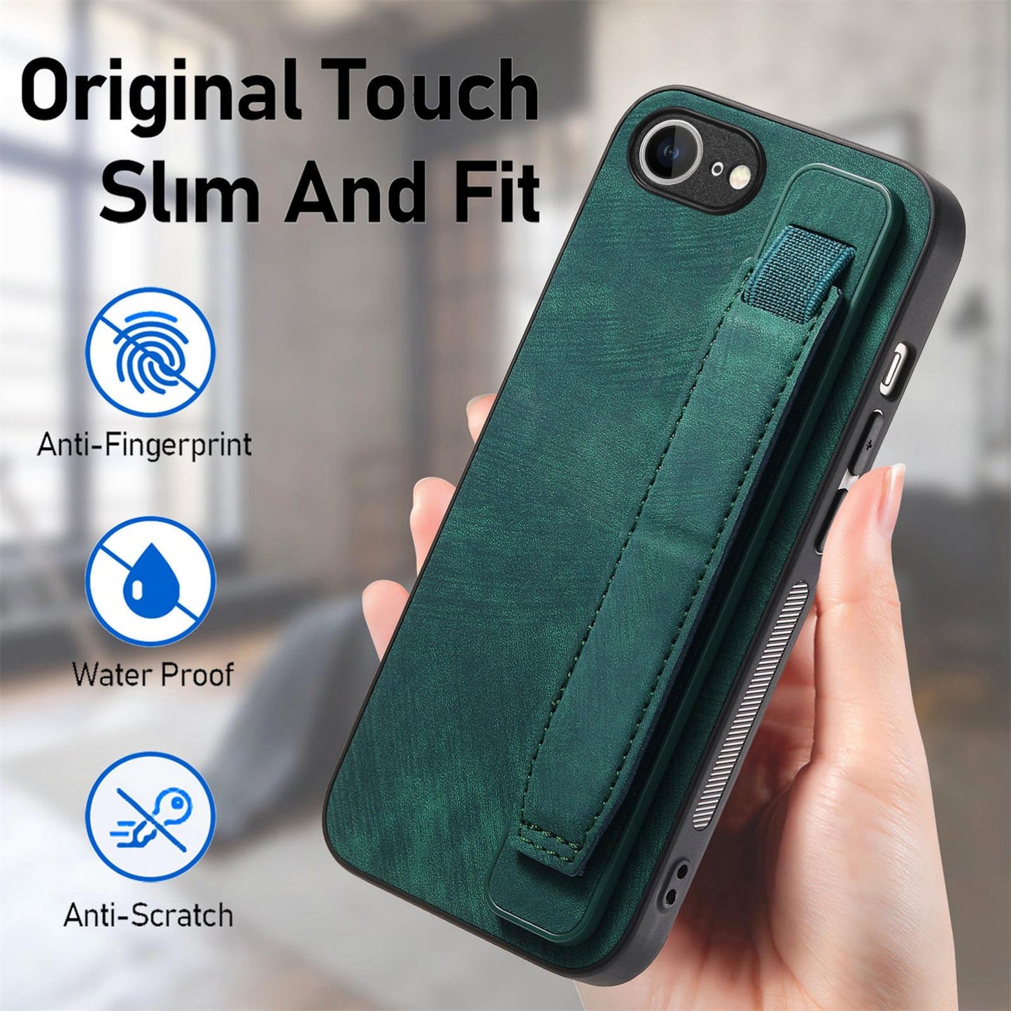 For iPhone 16e Retro Wristband Holder Leather Back Phone Case(Green)