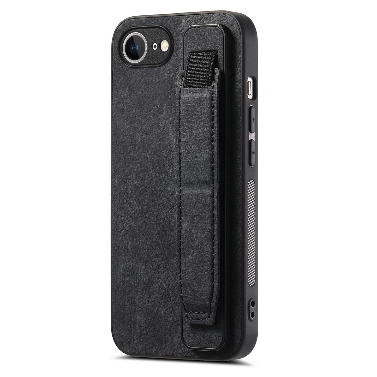 For iPhone 16e Retro Wristband Holder Leather Back Phone Case(Black)