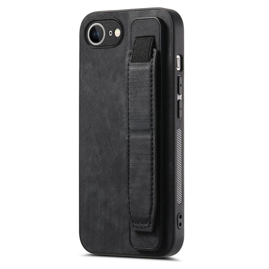 For iPhone 16e Retro Wristband Holder Leather Back Phone Case(Black)