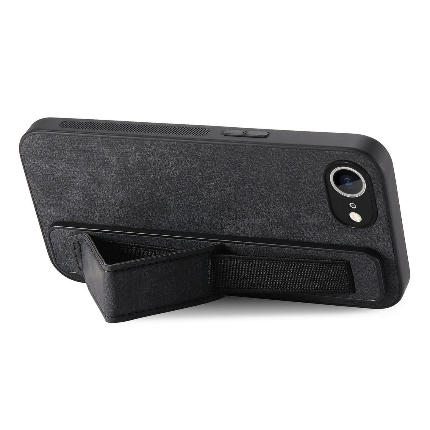 For iPhone 16e Retro Wristband Holder Leather Back Phone Case(Black)