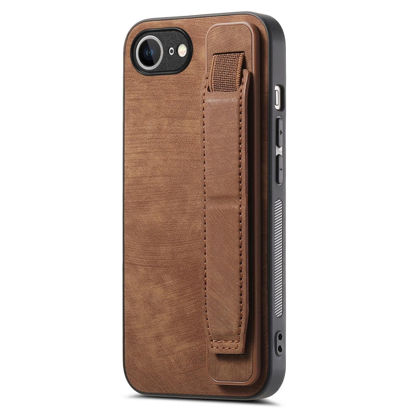 For iPhone 16e Retro Wristband Holder Leather Back Phone Case(Brown)