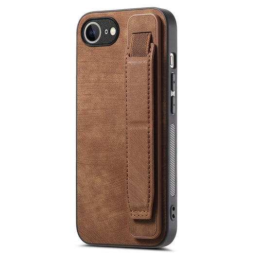 For iPhone 16e Retro Wristband Holder Leather Back Phone Case(Brown)