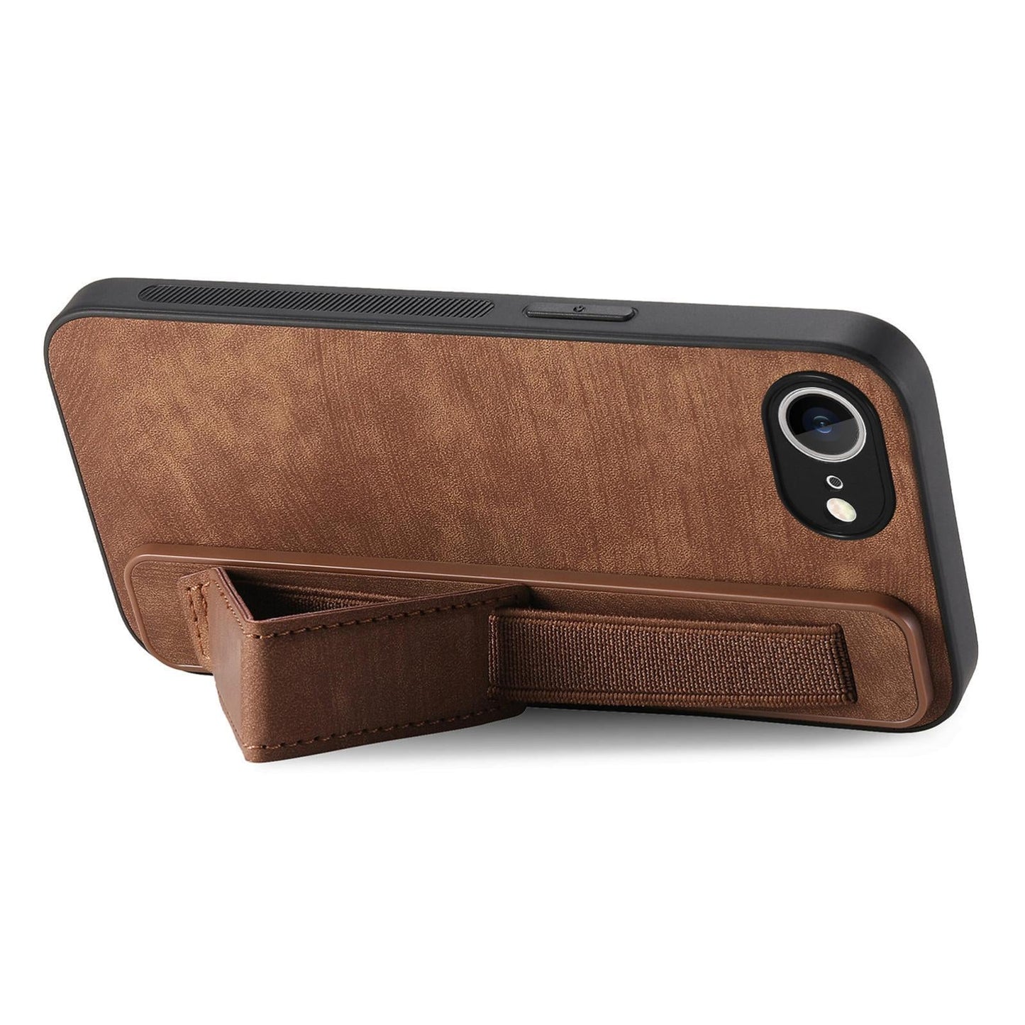 For iPhone 16e Retro Wristband Holder Leather Back Phone Case(Brown)