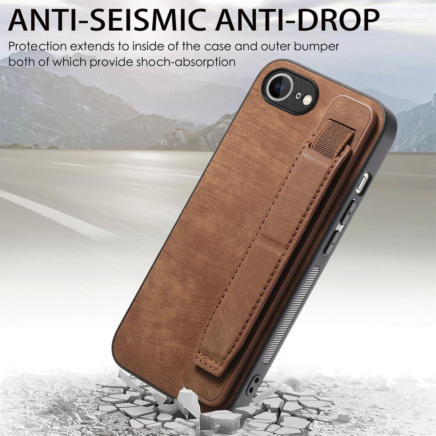 For iPhone 16e Retro Wristband Holder Leather Back Phone Case(Brown)