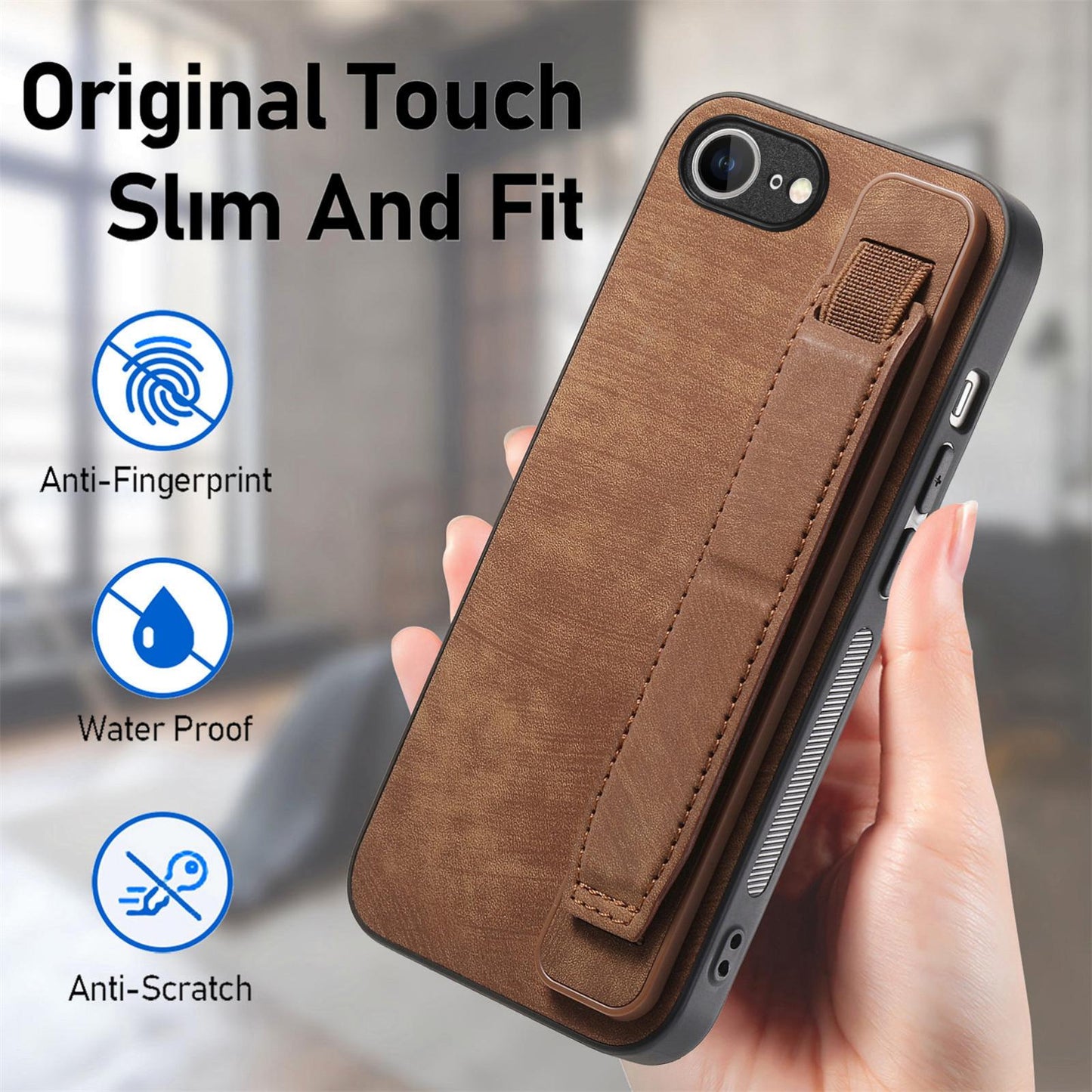 For iPhone 16e Retro Wristband Holder Leather Back Phone Case(Brown)