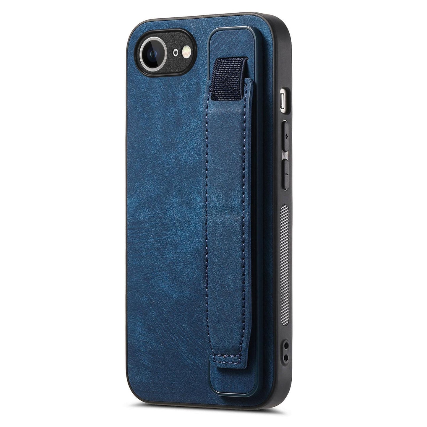 For iPhone 16e Retro Wristband Holder Leather Back Phone Case(Blue)