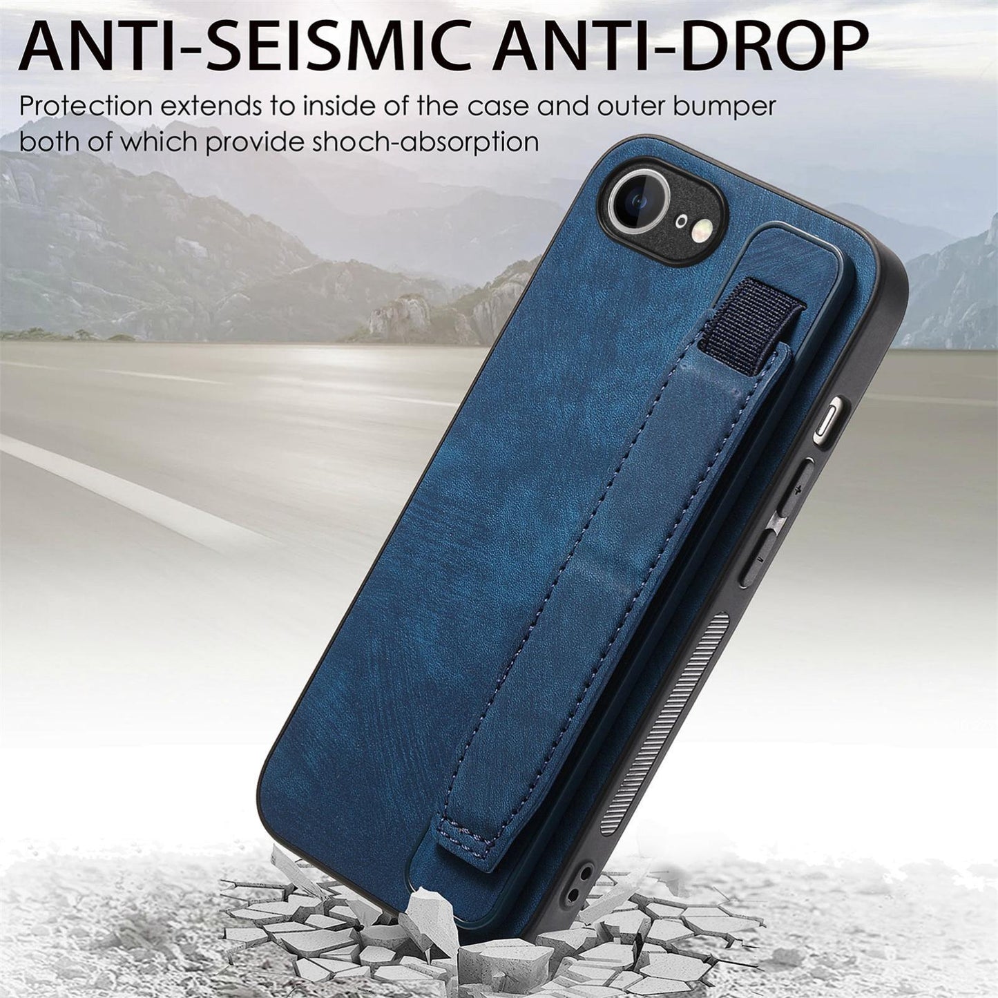 For iPhone 16e Retro Wristband Holder Leather Back Phone Case(Blue)