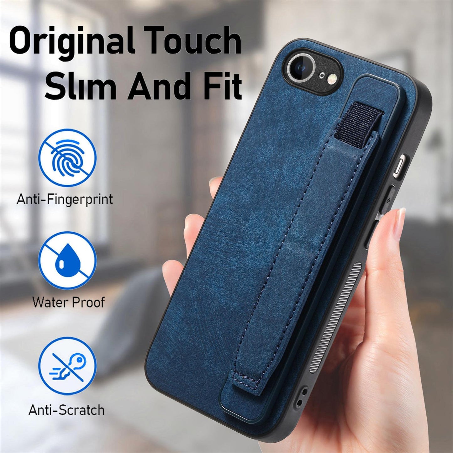 For iPhone 16e Retro Wristband Holder Leather Back Phone Case(Blue)