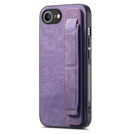 For iPhone 16e Retro Wristband Holder Leather Back Phone Case(Purple)