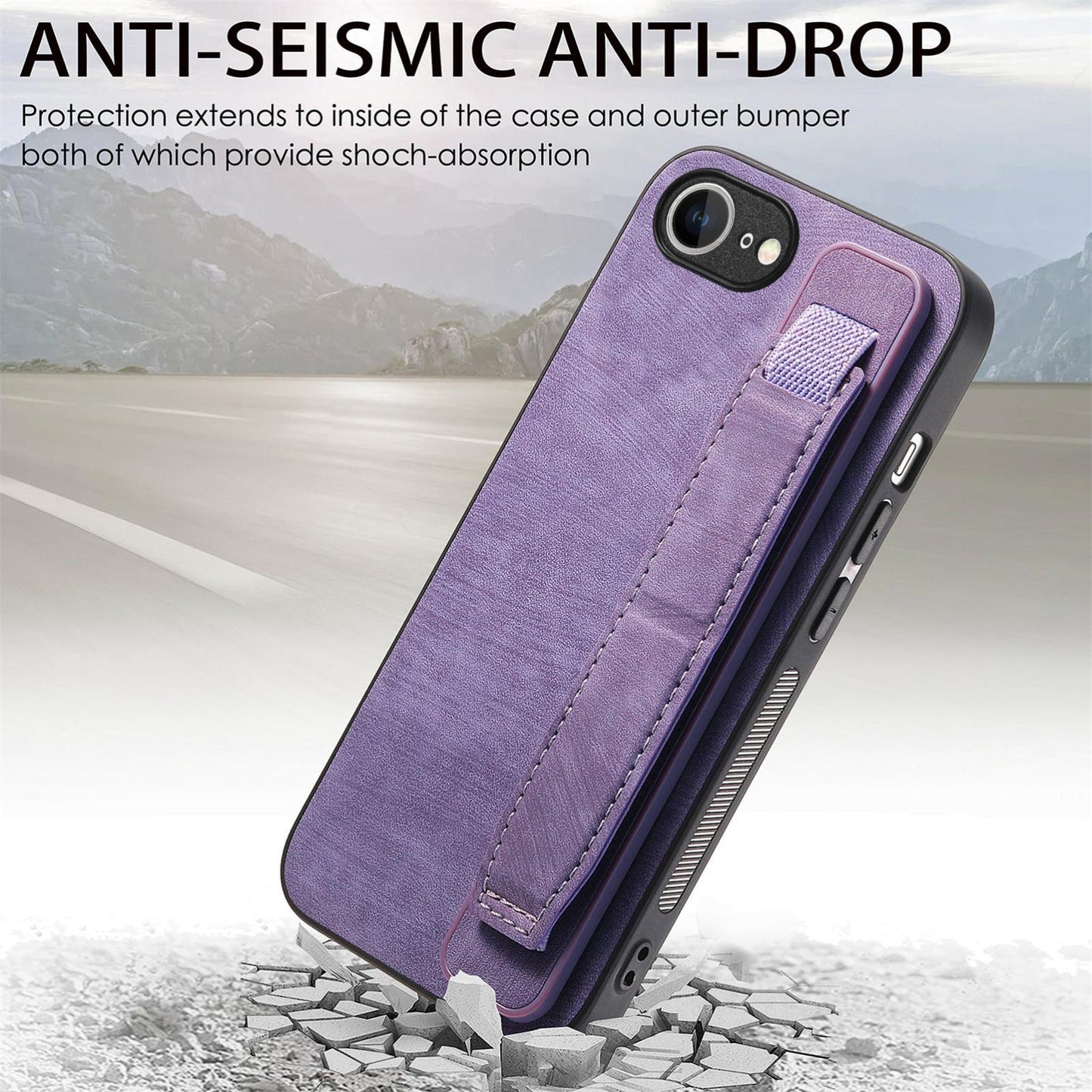 For iPhone 16e Retro Wristband Holder Leather Back Phone Case(Purple)