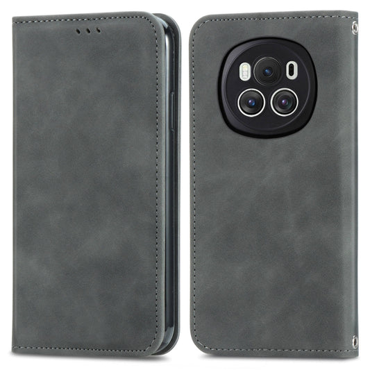 For Honor Magic6 Retro Skin Feel Magnetic Flip Leather Phone Case(Grey)
