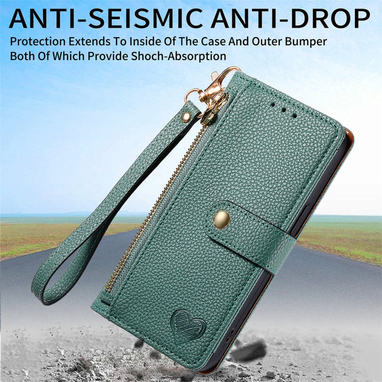 For Honor 100 Pro 5G Love Zipper Lanyard Leather Phone Case(Green)