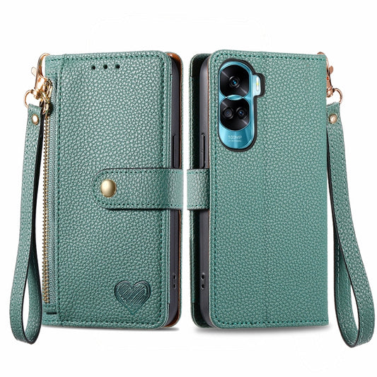 For Honor X50i Love Zipper Lanyard Leather Phone Case(Green)