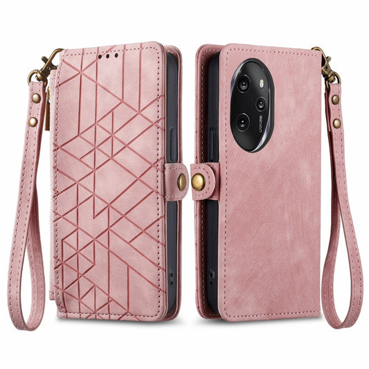 For Honor 100 Pro 5G Geometric Zipper Wallet Side Buckle Leather Phone Case(Pink)