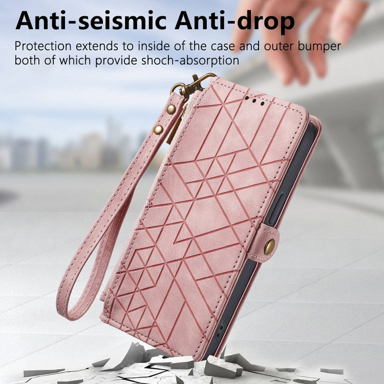 For Honor 100 Pro 5G Geometric Zipper Wallet Side Buckle Leather Phone Case(Pink)