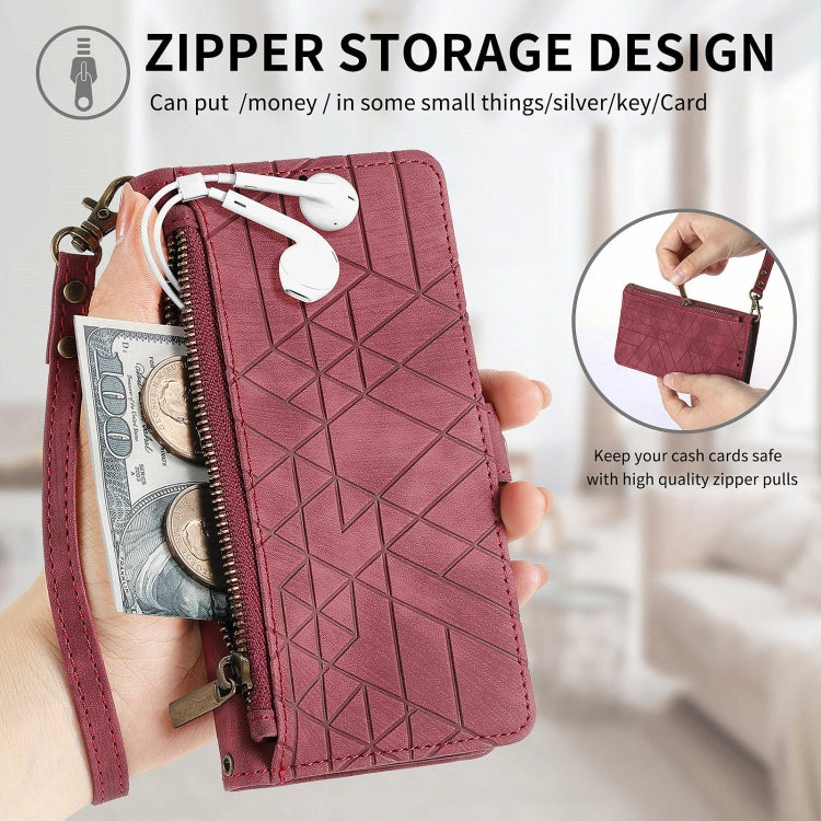For Honor 100 Pro 5G Geometric Zipper Wallet Side Buckle Leather Phone Case(Red)