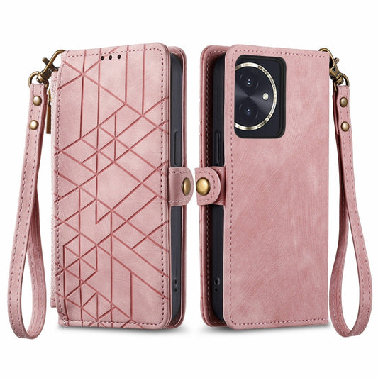 For Honor 100 5G Geometric Zipper Wallet Side Buckle Leather Phone Case(Pink)