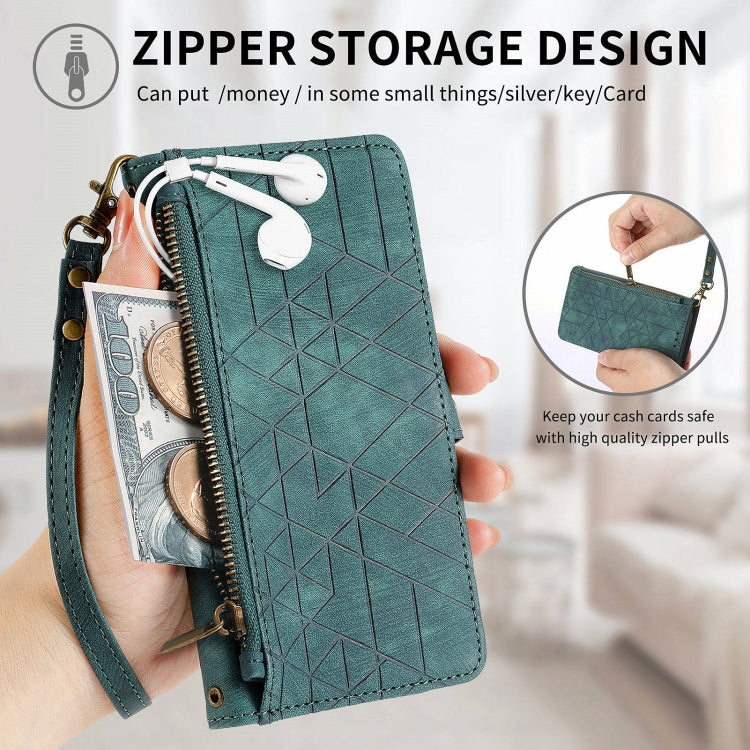 For Honor X9b Geometric Zipper Wallet Side Buckle Leather Phone Case(Green)