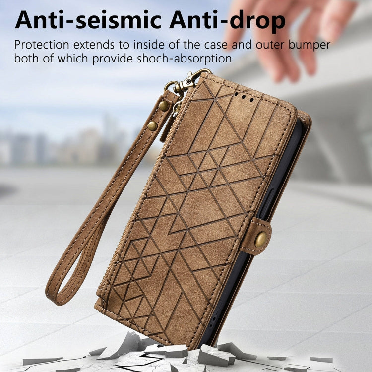 For Honor X9b Geometric Zipper Wallet Side Buckle Leather Phone Case(Brown)