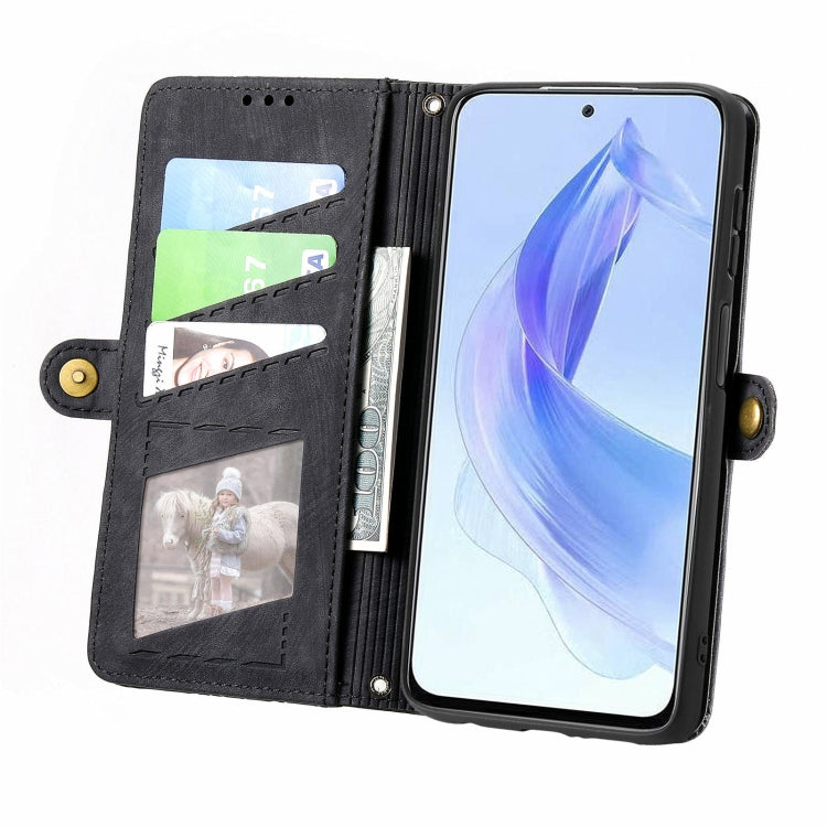 For Honor X50i Geometric Zipper Wallet Side Buckle Leather Phone Case(Black)