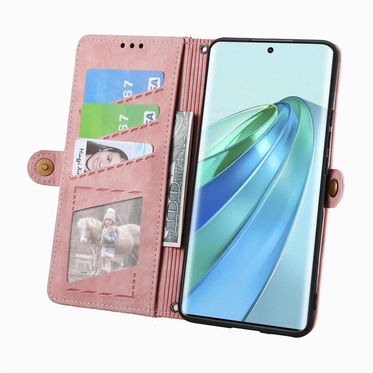For Honor X9a Geometric Zipper Wallet Side Buckle Leather Phone Case(Pink)