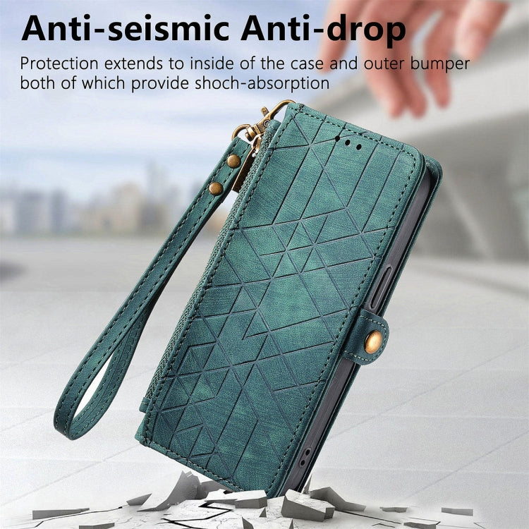 For Honor X9a Geometric Zipper Wallet Side Buckle Leather Phone Case(Green)
