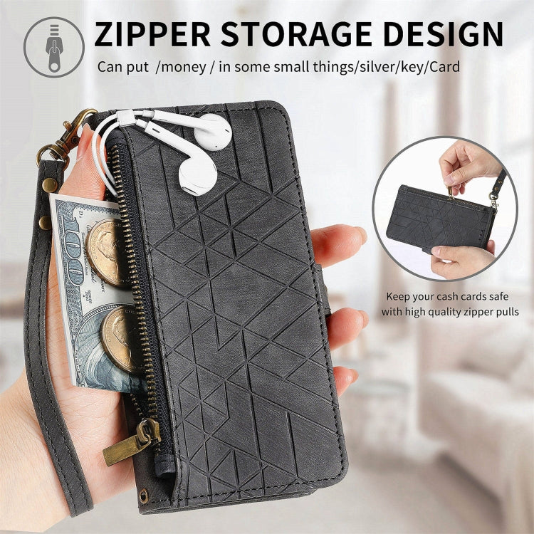 For Honor X9a Geometric Zipper Wallet Side Buckle Leather Phone Case(Black)
