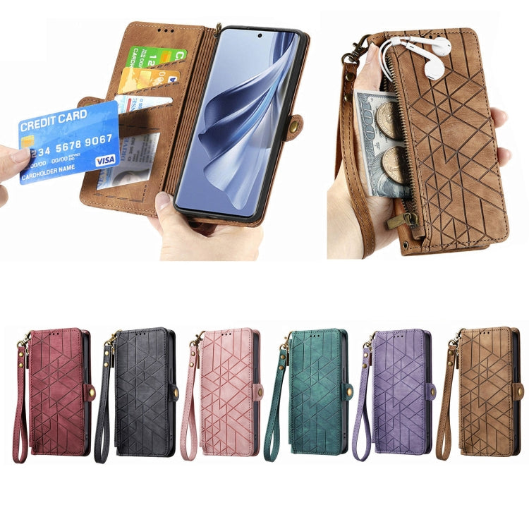 For Honor X9b Geometric Zipper Wallet Side Buckle Leather Phone Case(Brown)