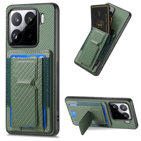 For Xiaomi 15 Carbon Fiber Fold Stand Elastic Card Bag Phone Case(Green)
