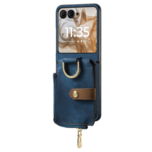 For Motorola Razr 50 Ultra Retro Ring Vertical Zipper Wallet Phone Case(Blue)
