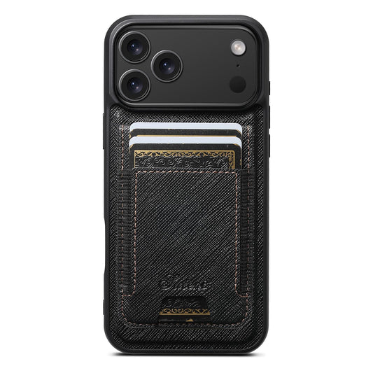 Compatible with iPhone 18 Pro Max Suteni H17 Cross Grain Leather MagSafe Detachable Wallet Phone Case - Black