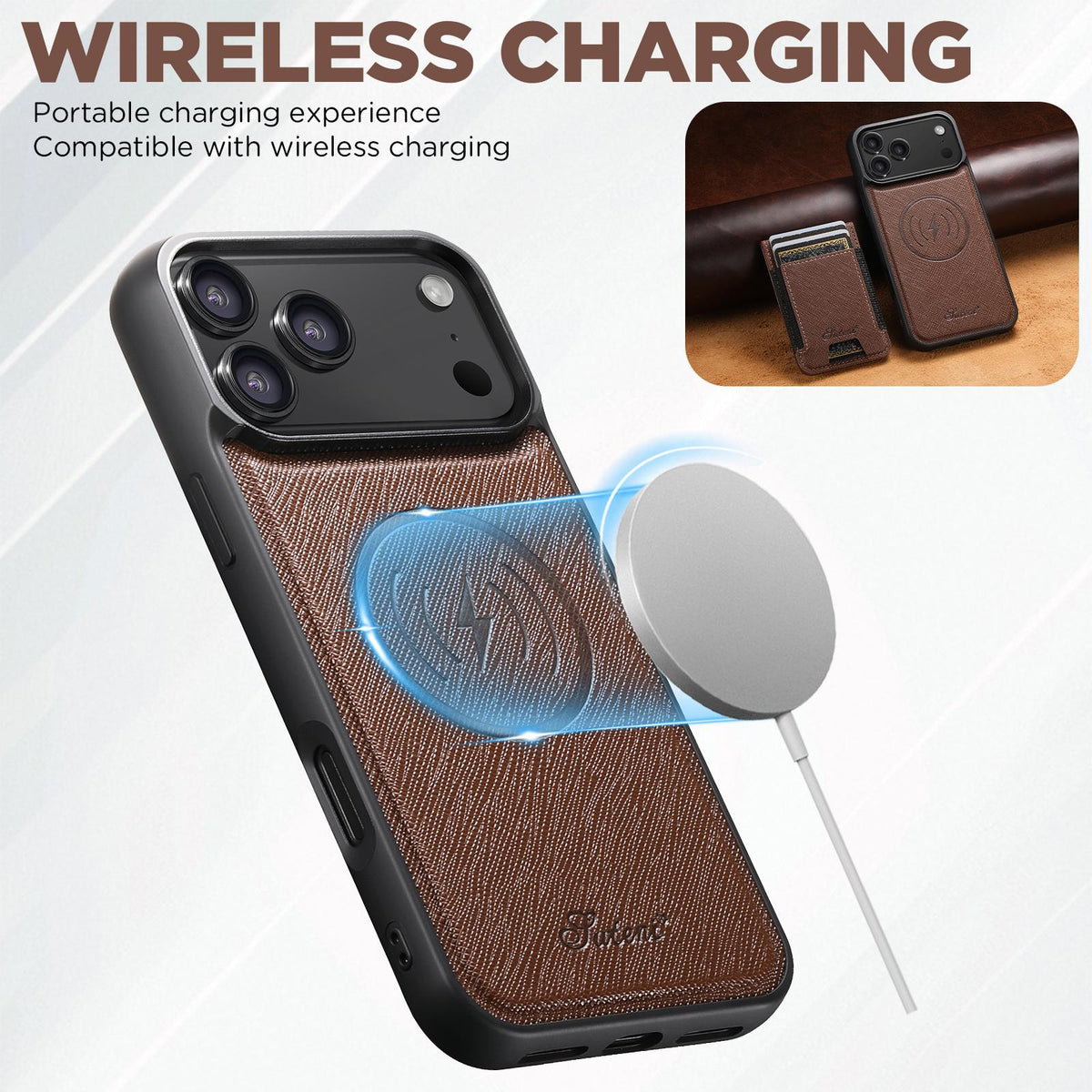 Compatible with iPhone 18 Pro Max Suteni H17 Cross Grain Leather MagSafe Detachable Wallet Phone Case - Brown