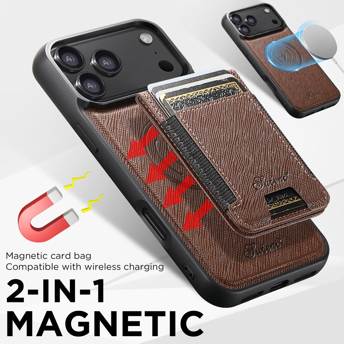 Compatible with iPhone 18 Pro Max Suteni H17 Cross Grain Leather MagSafe Detachable Wallet Phone Case - Brown