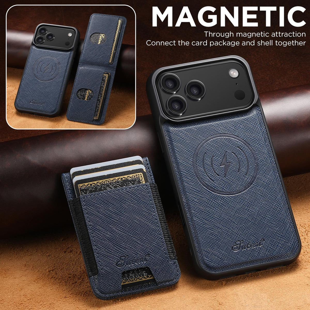 Compatible with iPhone 18 Pro Max Suteni H17 Cross Grain Leather MagSafe Detachable Wallet Phone Case - Blue