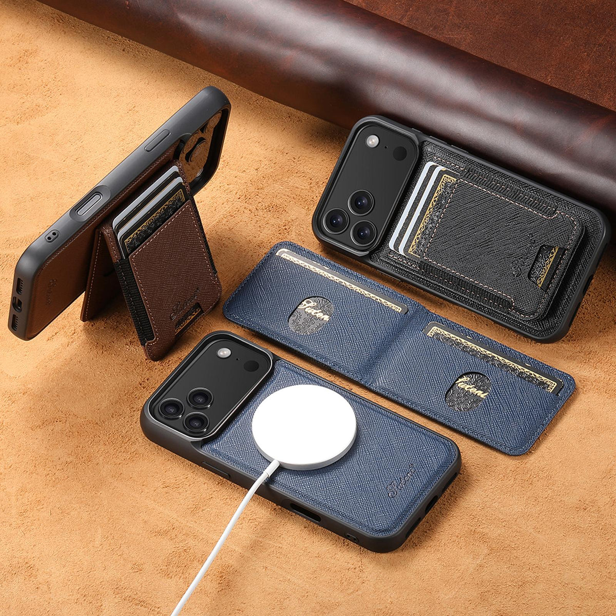 Compatible with iPhone 18 Pro Max Suteni H17 Cross Grain Leather MagSafe Detachable Wallet Phone Case - Blue