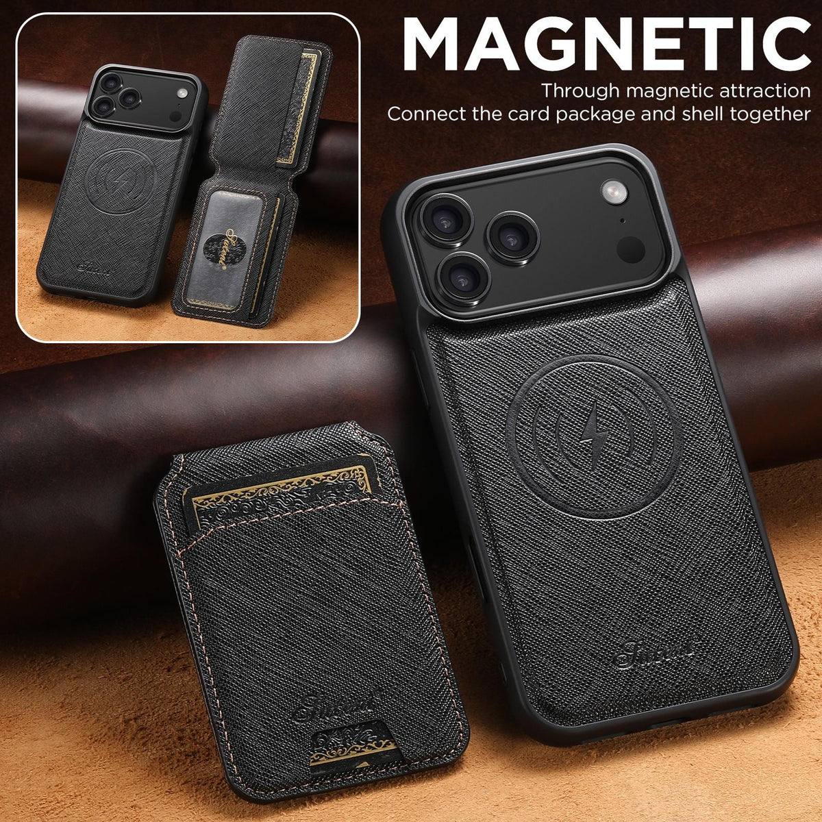 Compatible with iPhone 18 Pro Max Suteni H18 Cross Grain MagSafe Wallet Leather Phone Case - Black