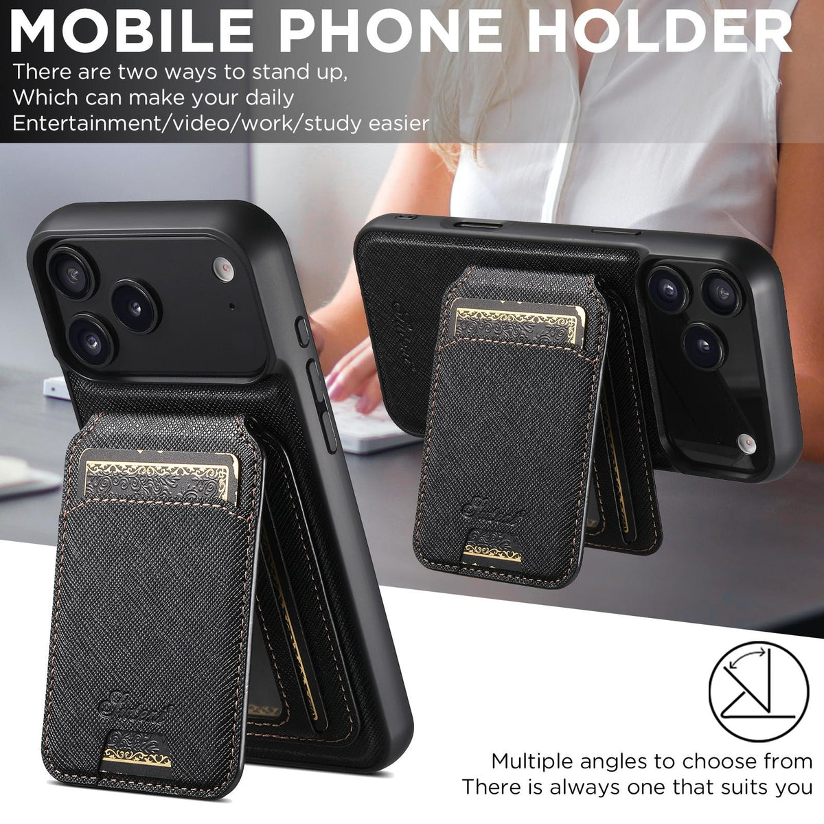 Compatible with iPhone 18 Pro Max Suteni H18 Cross Grain MagSafe Wallet Leather Phone Case - Black