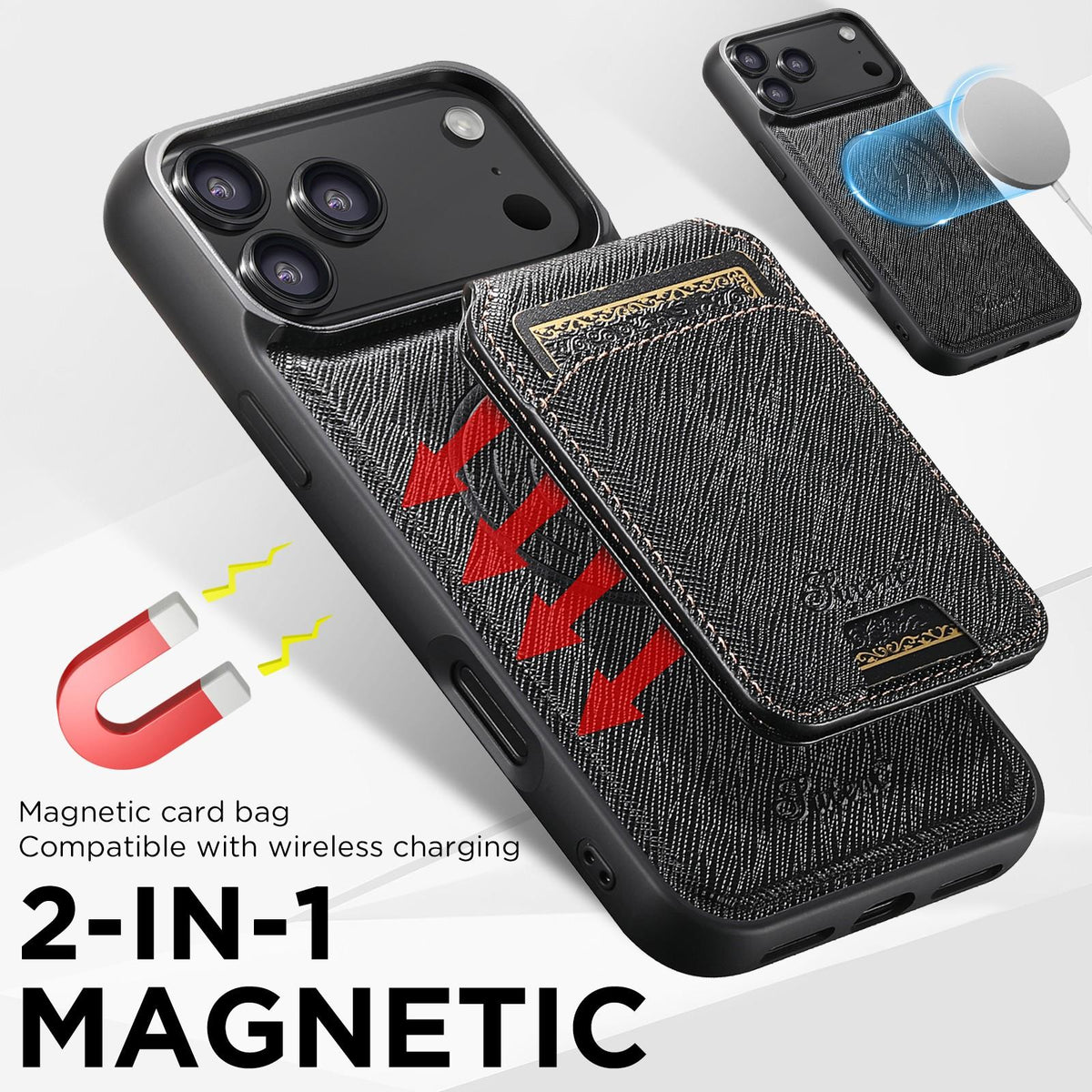 Compatible with iPhone 18 Pro Max Suteni H18 Cross Grain MagSafe Wallet Leather Phone Case - Black
