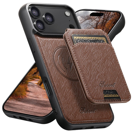 Compatible with iPhone 18 Pro Max Suteni H18 Cross Grain MagSafe Wallet Leather Phone Case - Brown