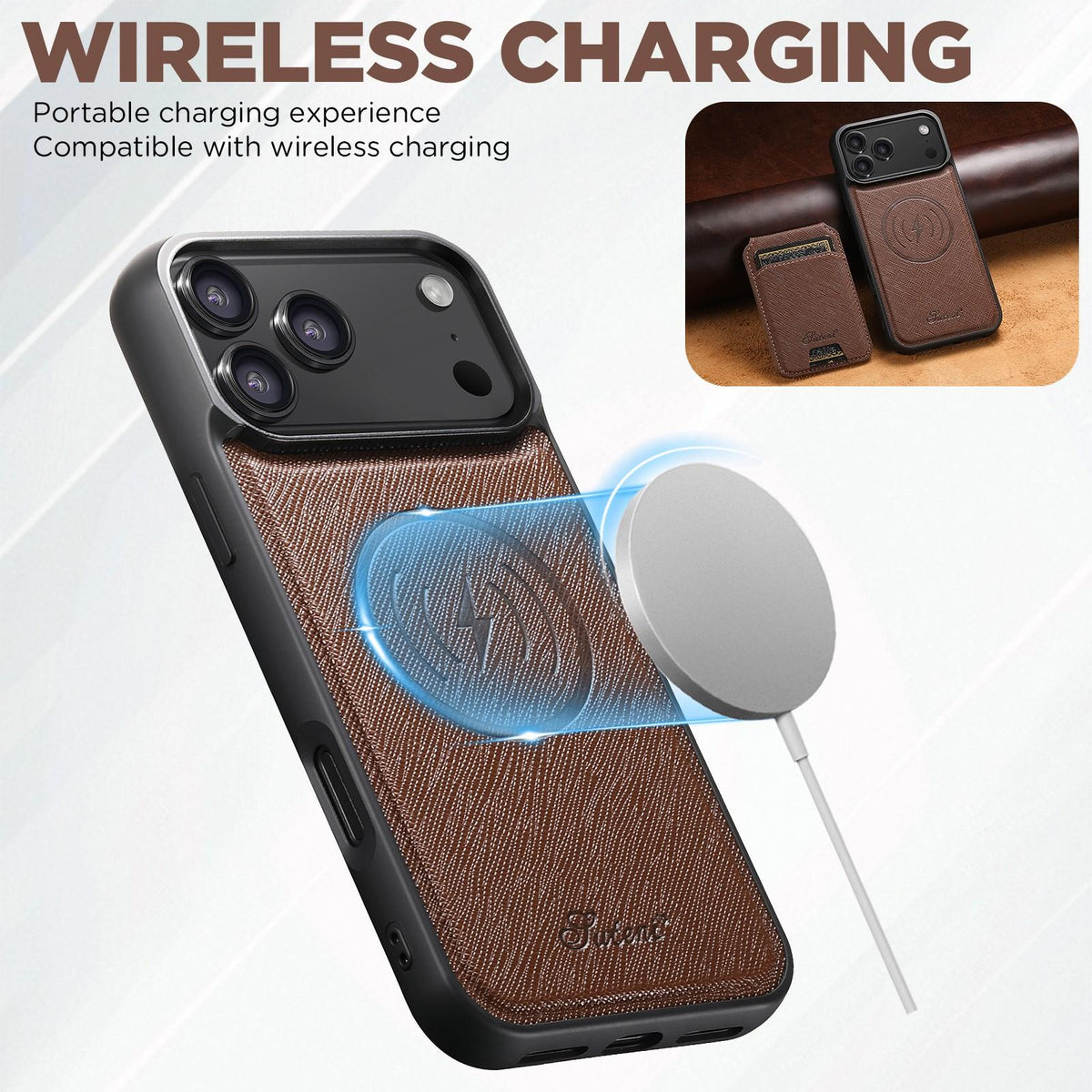 Compatible with iPhone 18 Pro Suteni H18 Cross Grain MagSafe Wallet Leather Phone Case - Brown