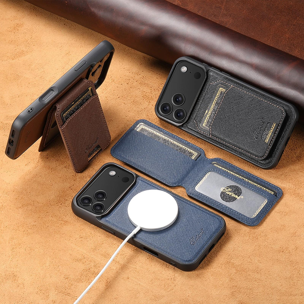 Compatible with iPhone 18 Pro Max Suteni H18 Cross Grain MagSafe Wallet Leather Phone Case - Blue