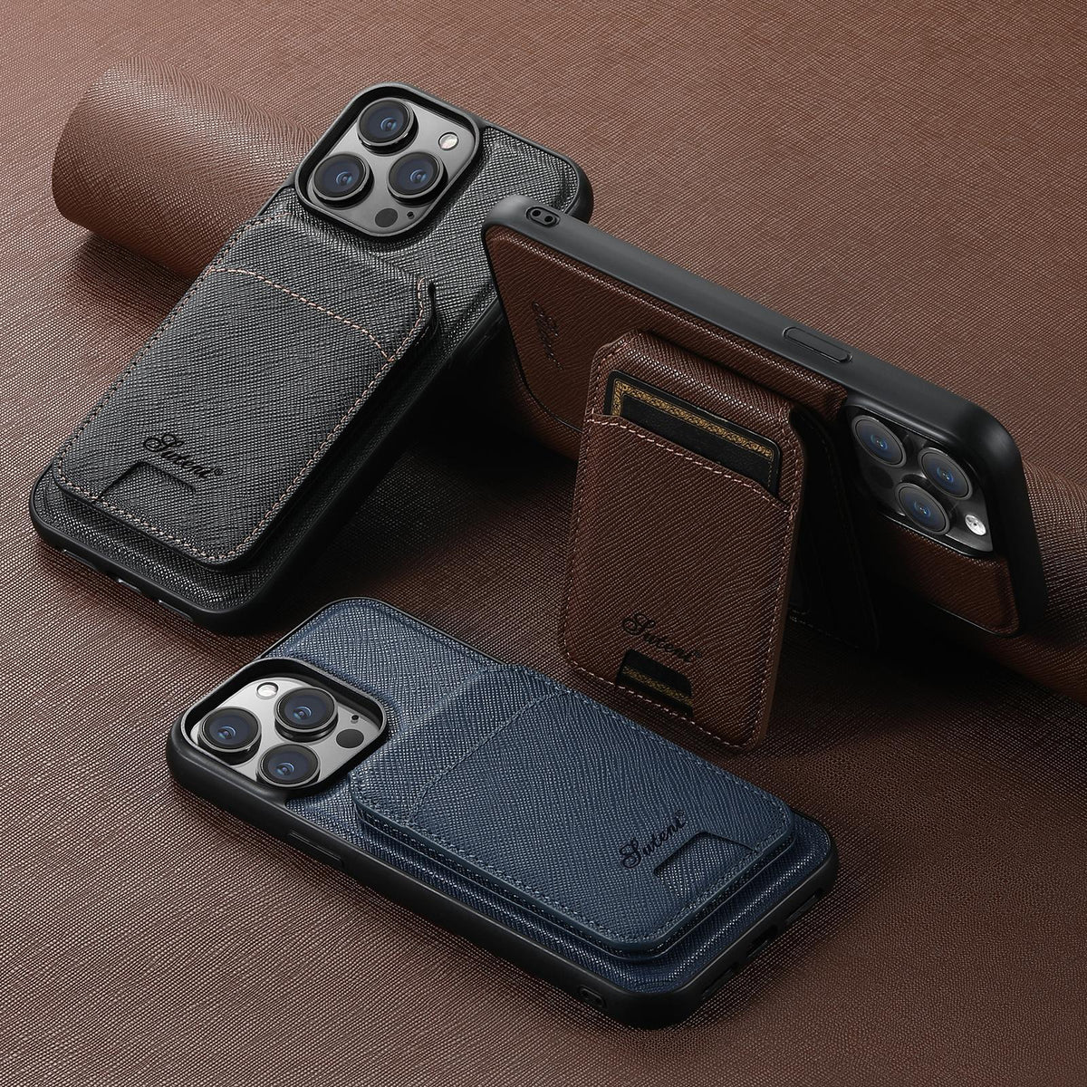Compatible with iPhone 18 Pro Max Suteni H18 Cross Grain MagSafe Wallet Leather Phone Case - Blue