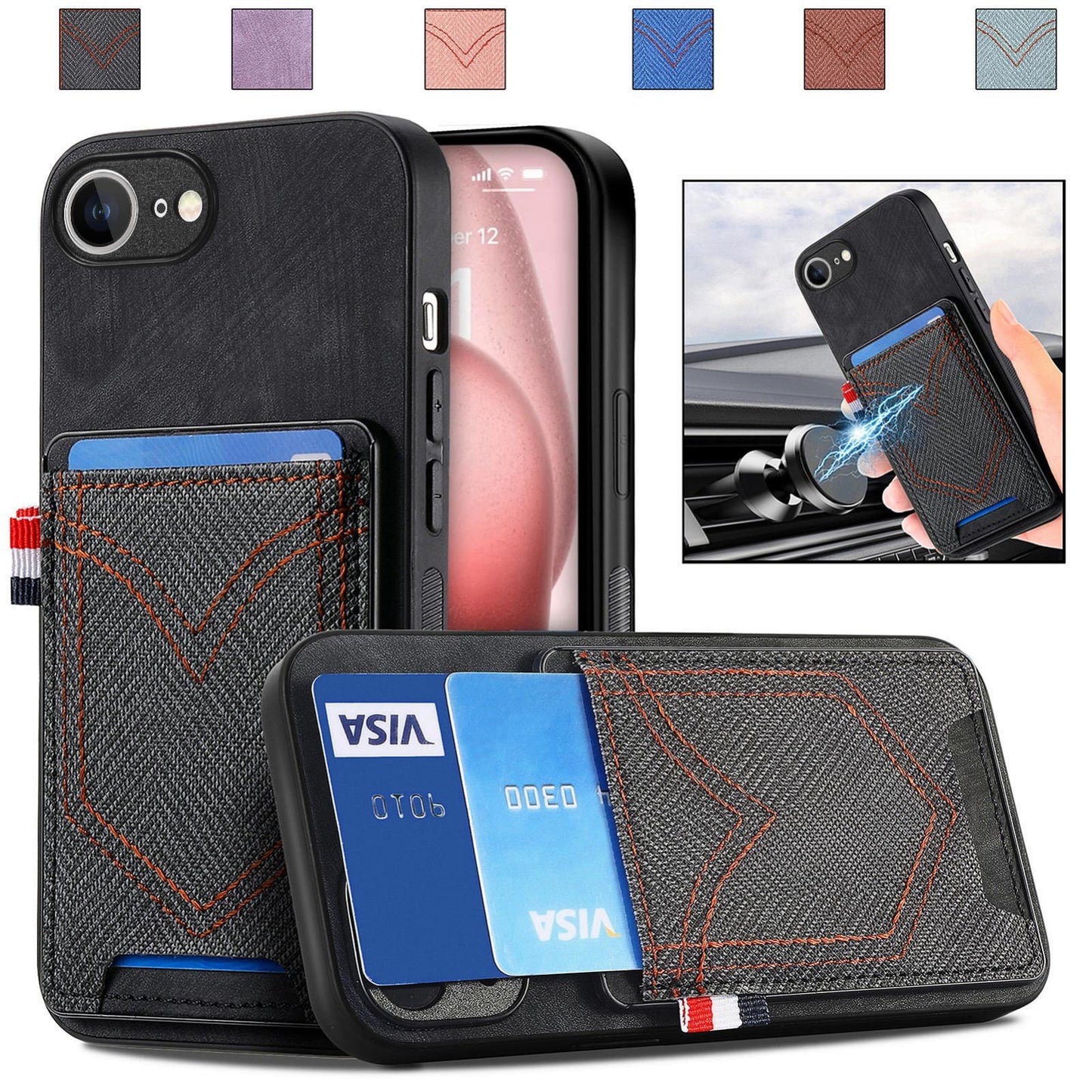 For iPhone 16e Denim Texture Leather Skin Phone Case with Card Slot(Black)