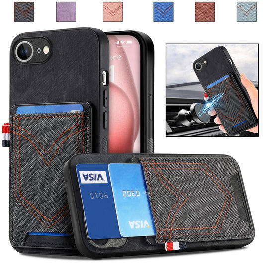 For iPhone 16e Denim Texture Leather Skin Phone Case with Card Slot(Black)