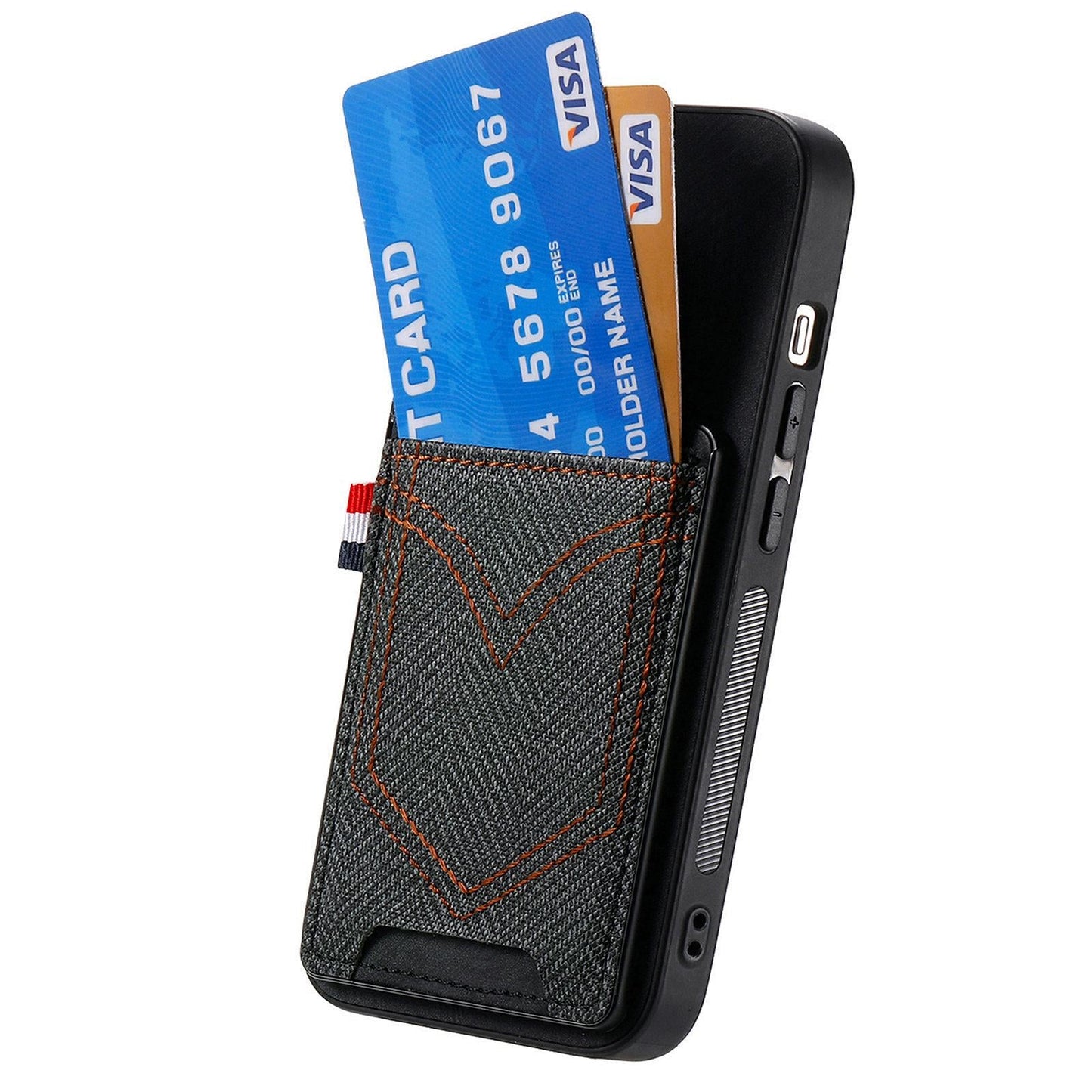 For iPhone 16e Denim Texture Leather Skin Phone Case with Card Slot(Black)