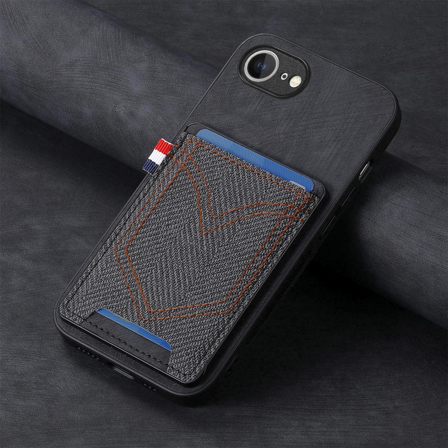 For iPhone 16e Denim Texture Leather Skin Phone Case with Card Slot(Black)